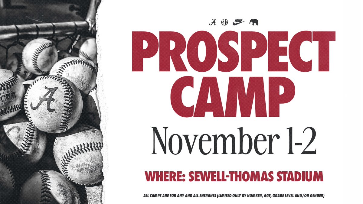 🚨 Future Crimson Tide 🚨

Come join us November 1st–2nd for our Fall Prospect Camp at Sewell-Thomas Stadium, home of Alabama Baseball.

This is your chance to showcase your skills, compete at a high level, and experience what it’s like to be a part of the Crimson Tide. Spots are