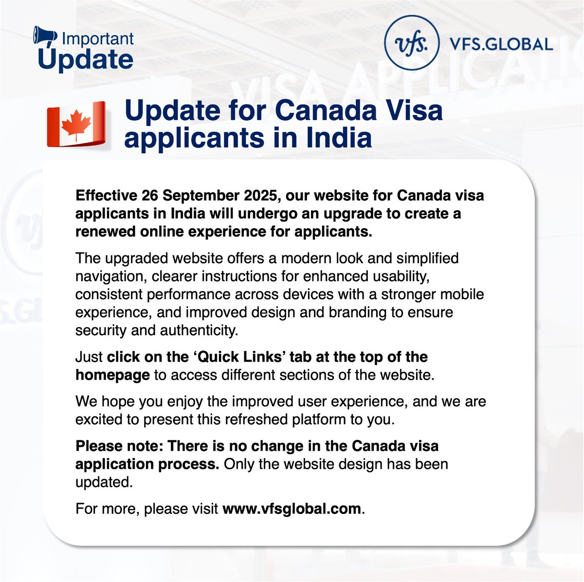 VFSGlobal's tweet photo. We have an important update for Canada visa applicants in India.

For more information, please visit: https://t.co/5MGjSDMinu

#VisaServices https://t.co/PGWarz0FNN