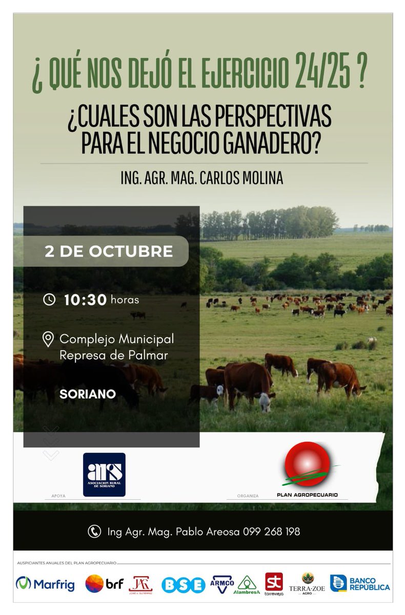 El <a href="/PlanAgro/">Plan Agropecuario</a> con la <a href="/RuralSoriano/">Asociación Rural de Soriano</a> , 
Jornada ganadera en Palmar! 
2 de octubre