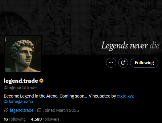 Do not fade <a href="/GTE_XYZ/">GTE</a> incubated projects👀

> Included in MegaMafia 2.0
> The first TvT (Trader v Trader) platform
> Genesis NFTs coming 

Rn you can sing up in Legend waitlist 

Sign up now at legend.trade