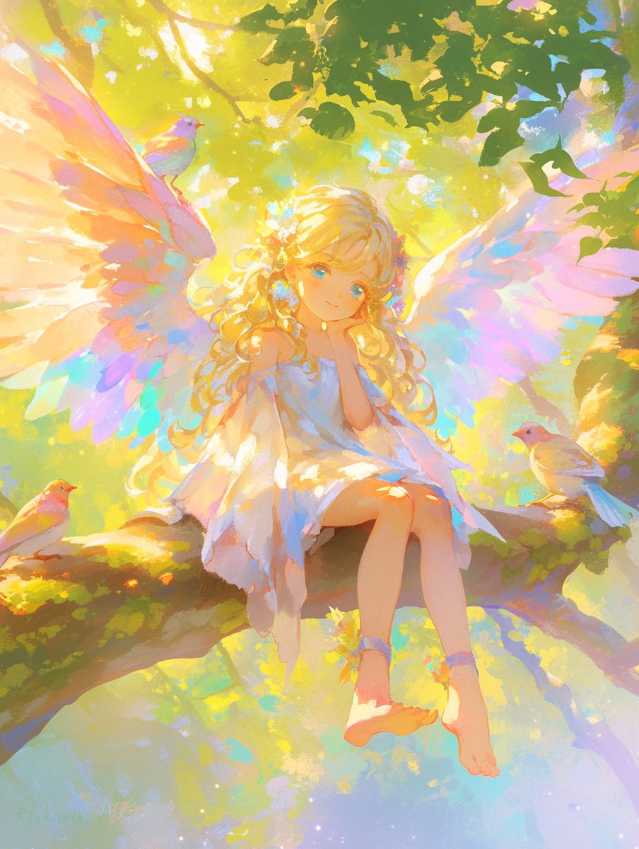 #AI天使降臨祭

天使の鼻謳さん、1000フォロワー達成、おめでとうございます🕊️

企画に参加させてください✨

森の泉のそばで、鳥たちと語らう天使を見つけました！
やたらとキラキラした服を着ています！
神々しい微笑みに、思わず息を呑みました。