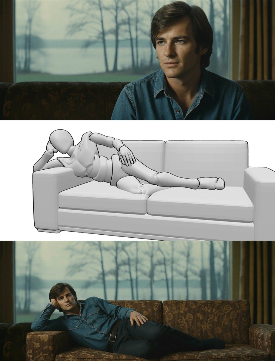 I took this interview shot and used a 3D pose reference to generate the lying position while maintaining the same character and environment. Used Nano Banana with the prompt: "Match this man exactly to the pose in the reference image. Maintain the original couch and room that the