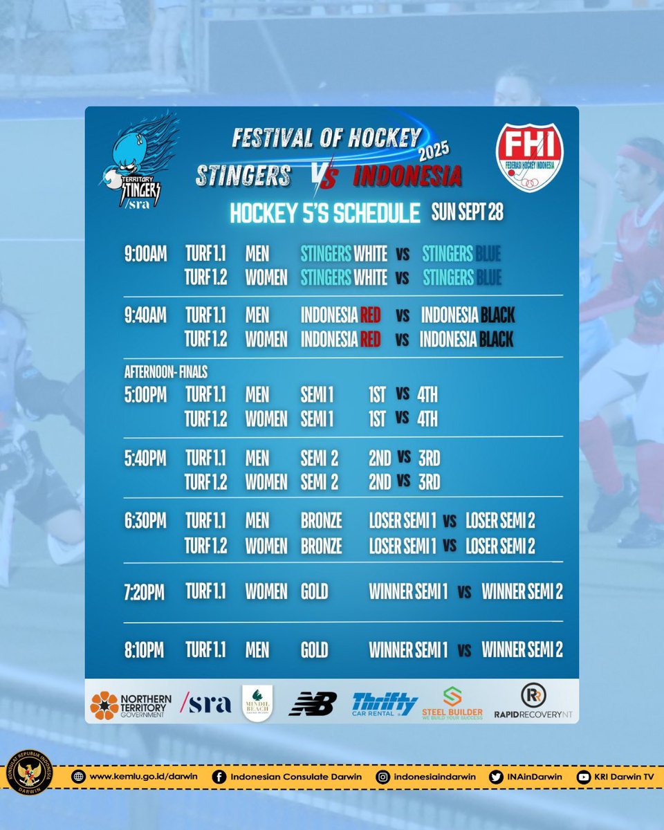 Halo #SobatTeritori!

Tim Hoki Nasional Indonesia akan kembali bertanding melawan Tim Hoki NT, Stingers di Festival of Hockey 2025 di Darwin Akhir pekan ini. 

Ayo datang! 

#FestivalofHockey2025
#HockeyDarwin
#FederasiHockeyIndonesia
#TimnasHoki
#IniDiplomasi
#IndonesiainDarwin