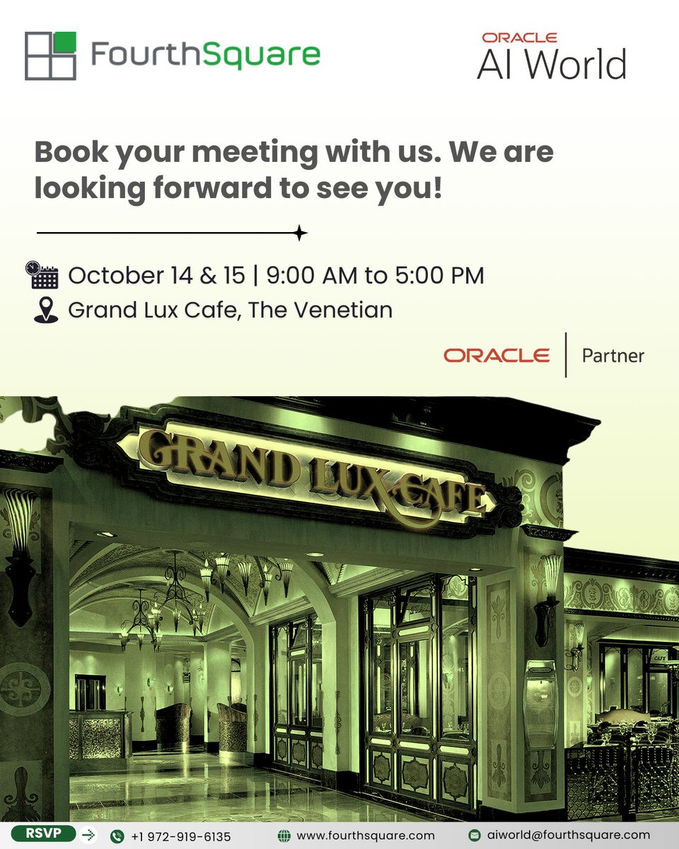 FourthSq's tweet image. Exciting times at Oracle AI World 2025!
Join us Oct 14–15 in Las Vegas as we showcase real-world AI strategies to unlock ROI, empower workforces, drive agility, &amp;amp; fuel growth.
RSVP - aiworld@fourthsquare.com
Learn more - fourthsquare.com/oracle-ai-worl…
@Oracle 
#OracleAIWorld2025