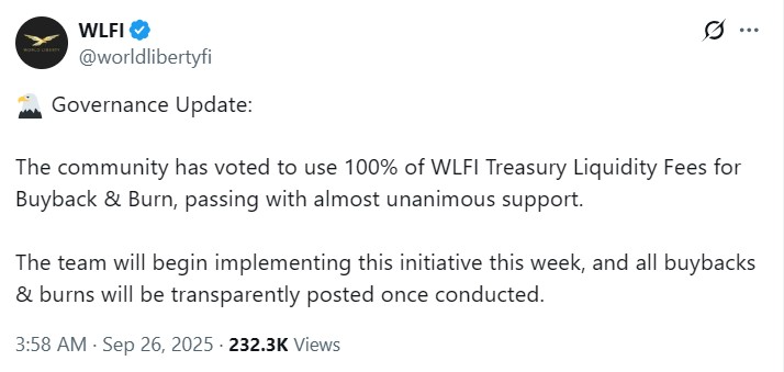 🥔CRIPTOVALUTE : World Liberty Financial lancia programma di riacquisto e distruzione del token $WLFI dopo calo del 41% dei prezzi