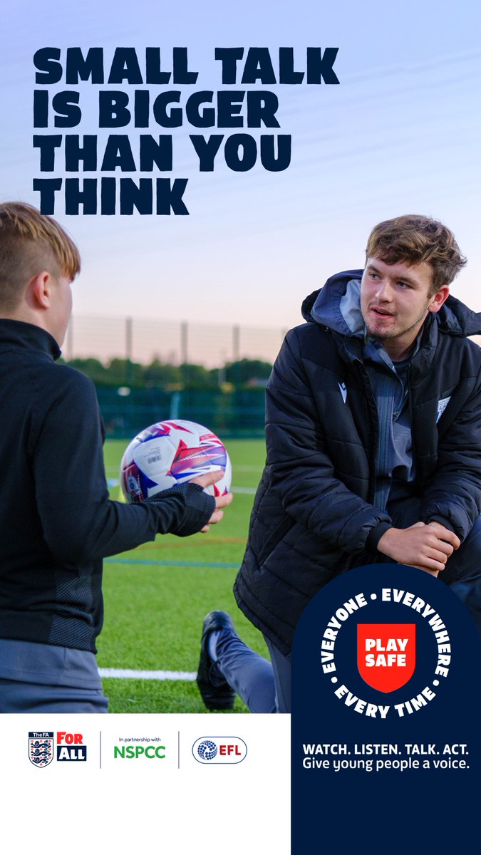 We’re taking part in the Play Safe Weekend! ⚽️

This year is all about encouraging adults to create open conversations, ask questions, and actively listen to children. 💙

𝙀𝙫𝙚𝙧𝙮𝙤𝙣𝙚. 𝙀𝙫𝙚𝙧𝙮𝙬𝙝𝙚𝙧𝙚. 𝙀𝙫𝙚𝙧𝙮 𝙏𝙞𝙢𝙚.

Small Talk is Bigger Than You Think. Together,