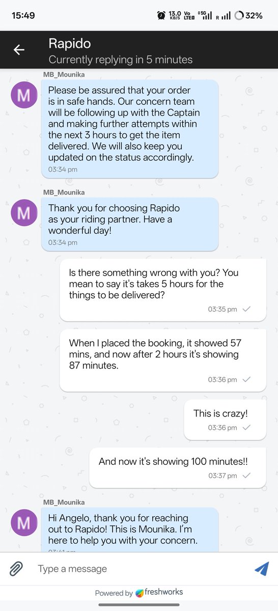 IAmAwesomAngelo's tweet photo. @rapidobikeapp I book a bike for the parcel, 2 hours ago, from chawari bazar to gurugram, the time then showed 57 mins, and now after almost 3 hours it's shows 78 mins! What are you people playing at? The chat agent ended the chat 3 times, with the same stupid response! https://t.co/y1twXMRowK