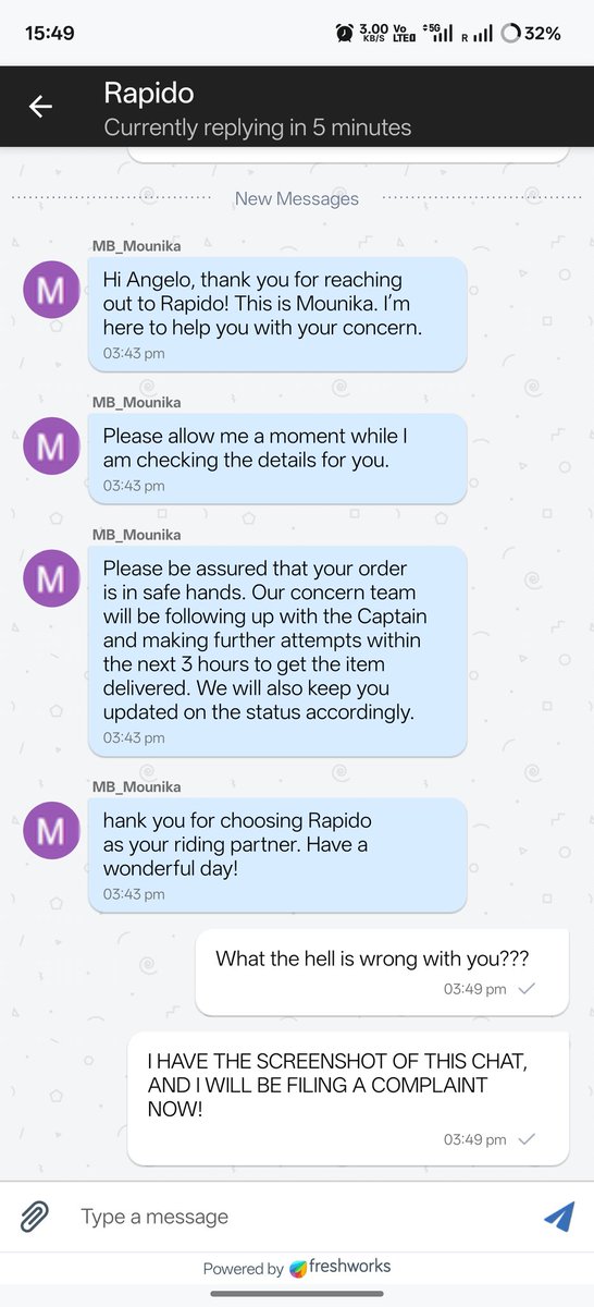 IAmAwesomAngelo's tweet photo. @rapidobikeapp I book a bike for the parcel, 2 hours ago, from chawari bazar to gurugram, the time then showed 57 mins, and now after almost 3 hours it's shows 78 mins! What are you people playing at? The chat agent ended the chat 3 times, with the same stupid response! https://t.co/y1twXMRowK