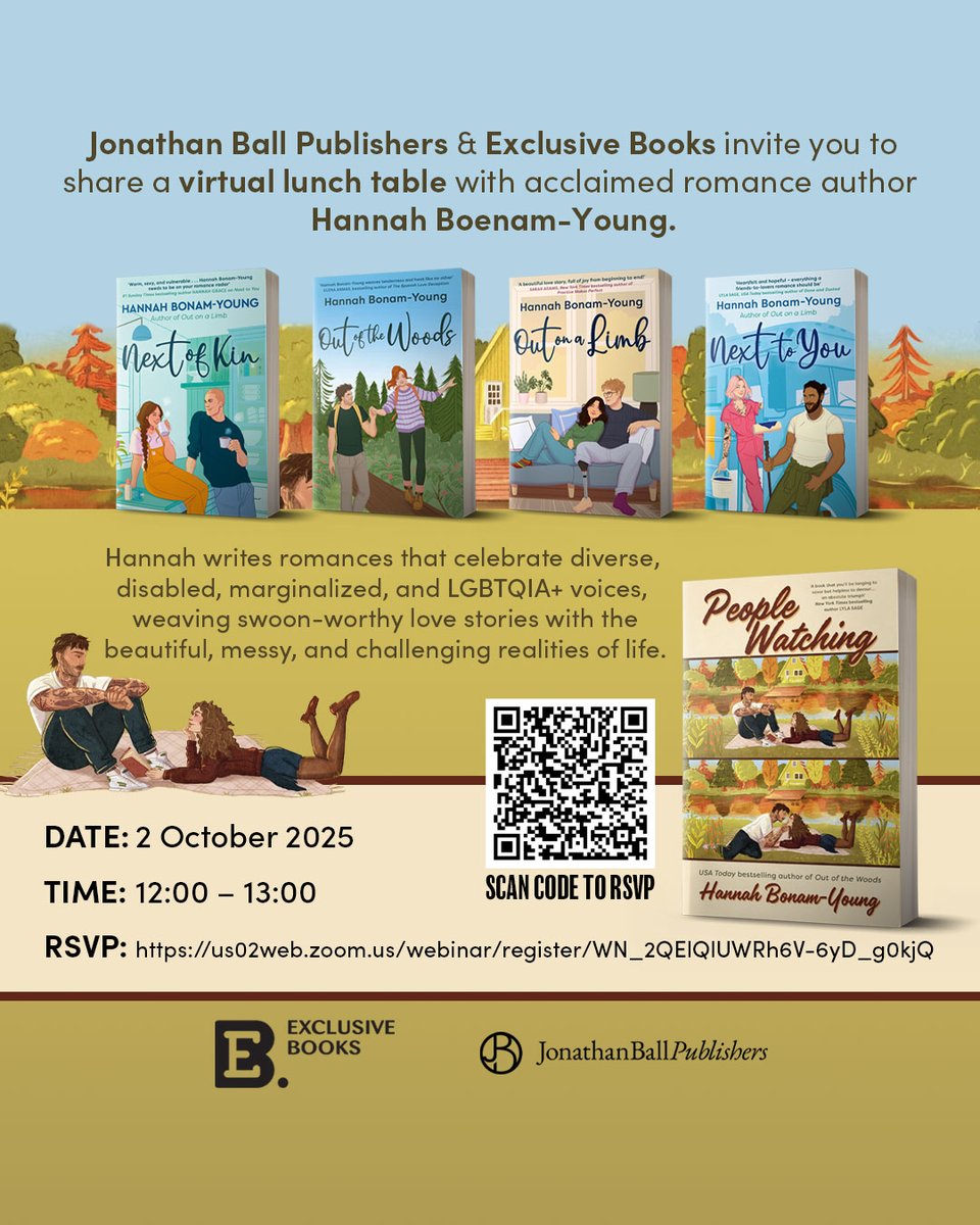 JonathanBallPub's tweet image. ✨ You’re invited! Join us for a virtual lunch with romance author Hannah Bonam-Young 💕📚 Celebrate love stories &amp;amp; stand a chance to WIN 1 of 2 R1000 Exclusive Books vouchers + a full hamper of her novels! RSVP now (LINK IN BIO)!

 #HannahBonamYoung #VirtualEvent #ExclusiveBooks