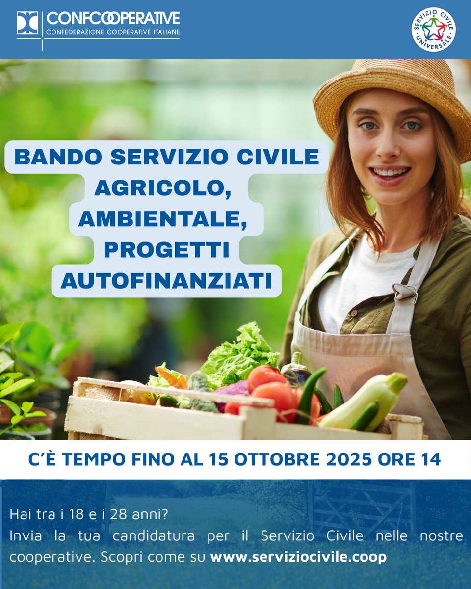 Hai tra i 18-28 anni? l tuo futuro ha una marcia in più con il #ServizioCivile2025 di #Confcooperative
🌱 Agricolo: 9 progetti 
🌳 Ambientale: 5 progetti 
💼 9 progetti autofinanziati
Candidati entro le 14 del 15 ottobre 2025  <a href="/FedSolidarieta/">Federsolidarietà IT</a>  <a href="/ItaCooperativa/">Italia Cooperativa</a>
