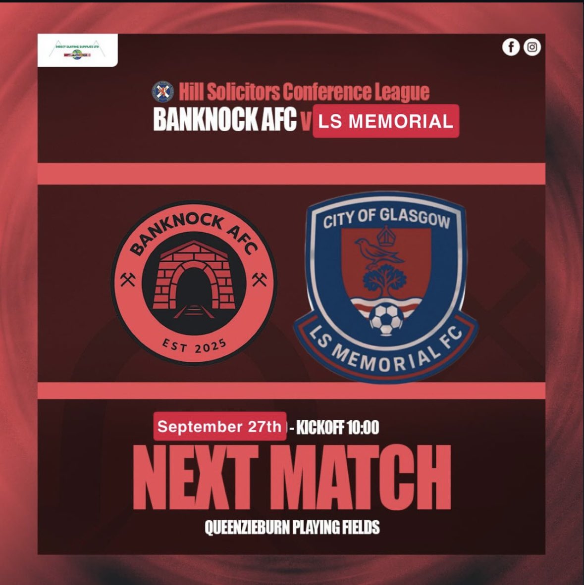 League action🏆

Saturday see our friends over at <a href="/LSMemorialFC/">LS MEMORIAL FC</a> visit Queenzieburn again after just playing a friendly a few weeks ago when Banknock ran out 5-4 winners. 
A lot more at stake this time round as both teams are in the hunt to put points on the board🔴⚫️🟡
