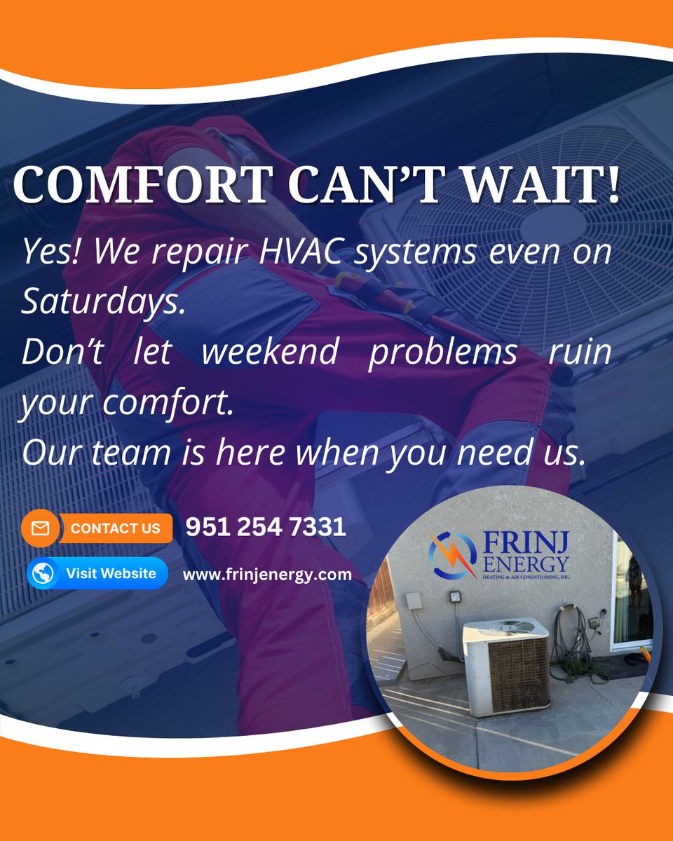 KKreutzerHVAC's tweet image. Weekend HVAC problems?  We’ve got you covered! 

Our team repairs ACs even on Saturdays, so you stay cool.   

📞Call Us Now: 951-254-7331  
🌐Visit: frinjenergy.com  
#WeekendService  
#AirConditioning  
#CoolingSolutions