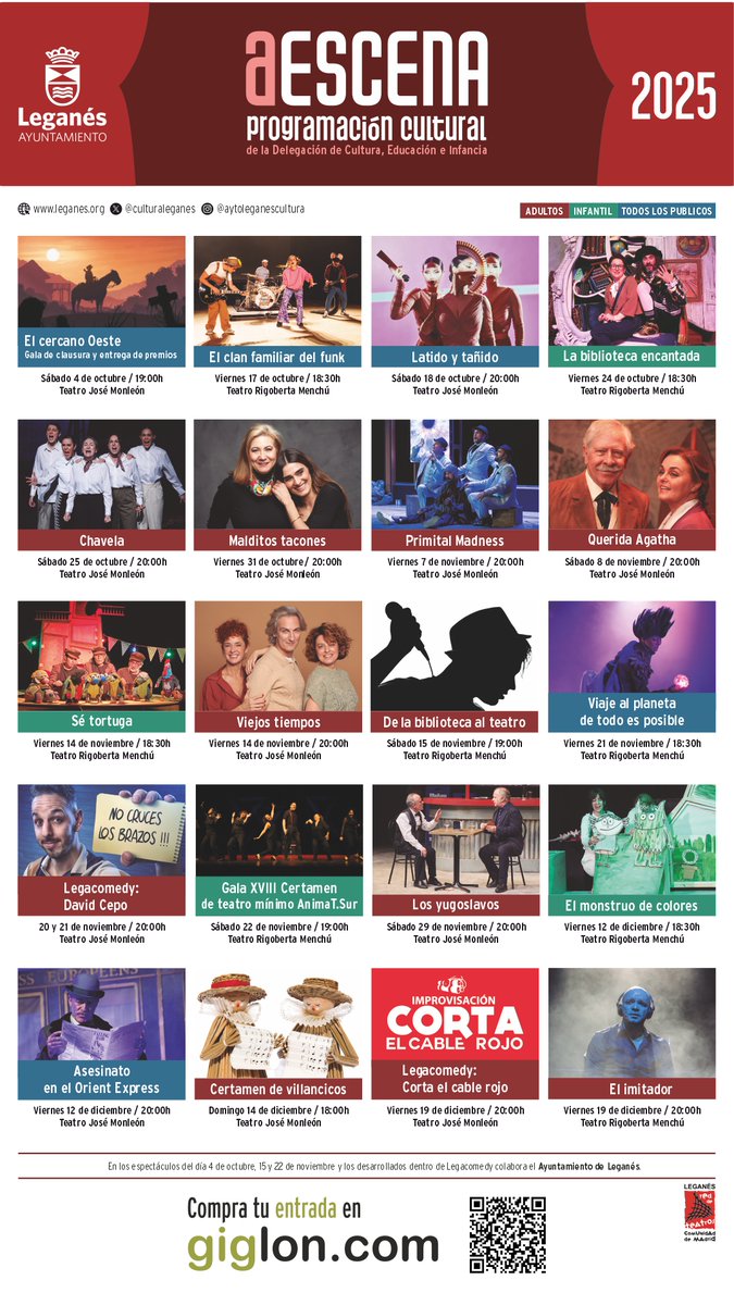 🎭 ¡Arranca la programación cultural del 2º semestre!

A partir del 27 de septiembre a las 11:00 consigue tus entradas y no te pierdas ninguno de los espectáculos.

➕Información: leganes.org/web/guest/a-es…

🎟️giglon.com/grupo?nameId=e…