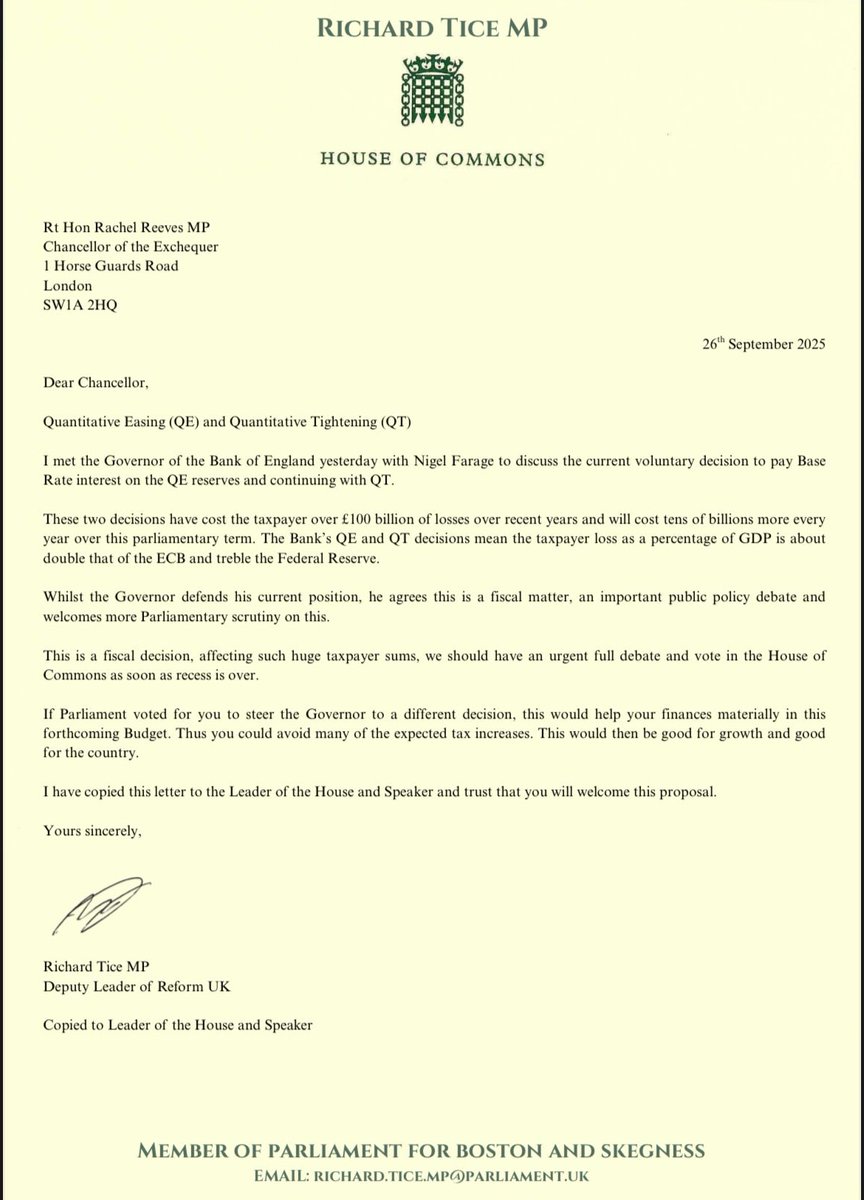 My letter to the Chancellor requesting an urgent debate on Quantitative Tightening/Quantitative Easing when Parliament reconvenes. ⬇️