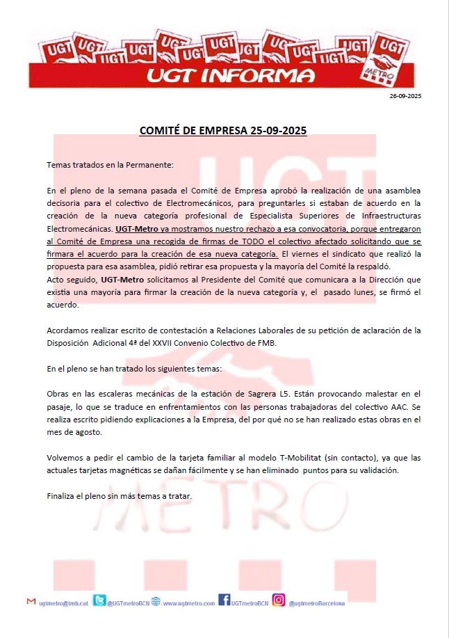 Adjuntamos resumen de la reunión del Comité de Empresa celebrada ayer