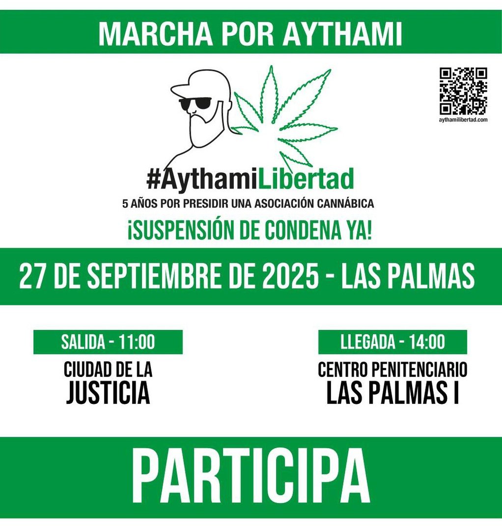 Mañana sábado 27 de septiembre manifestación para pedir la libertad de Aythami. Condenado a 5 años de cárcel por negarse a comprar en el mercado negro el cannabis que consumen.
¡AYTHAMI LIBERTAD! ✊
Apoya y difunde 🗣️📢.
#AythamiLibertad
aythamilibertad.com