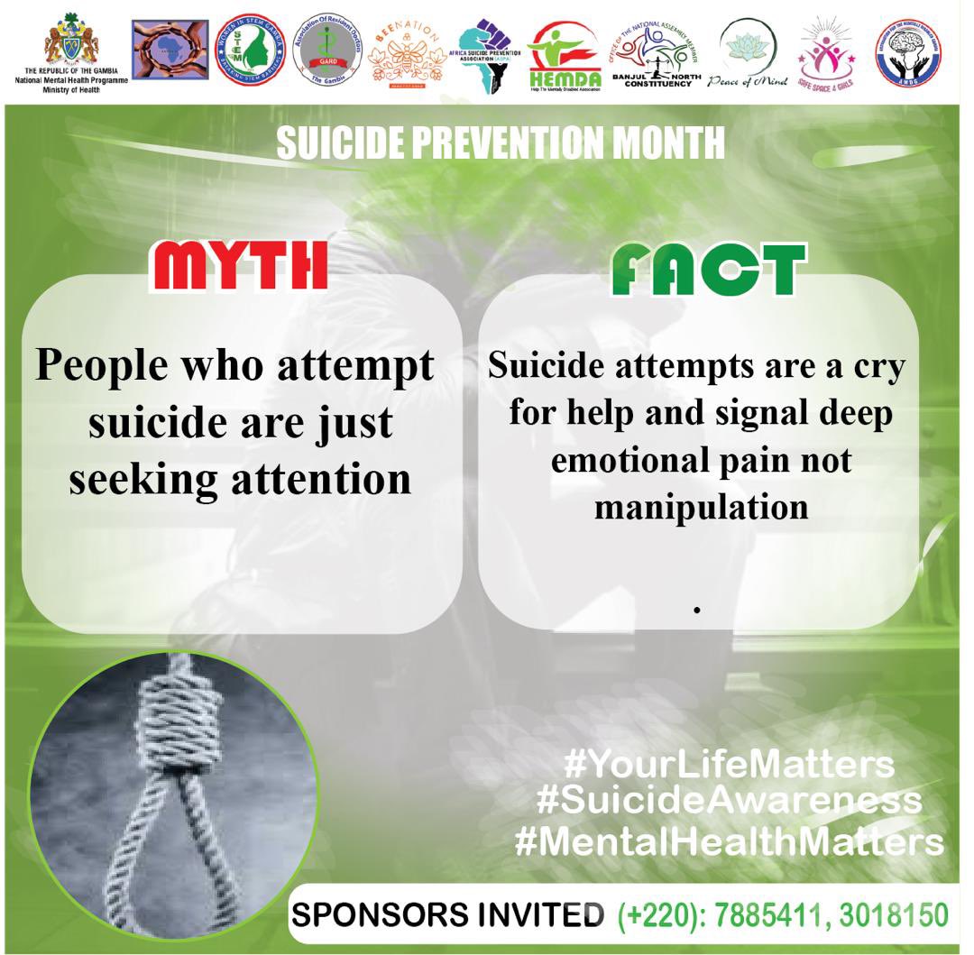 “LET’S TALK SUICIDE” SERIES🎙️💚

              Myths VS Facts 

A person who attempts suicide is not seeking attention. He or she is rather avoiding attention.

Instead of criminalizing and judging them, help them instead.

They need HELP!

#RoadToOctober
#LetsTalkMentalHealth