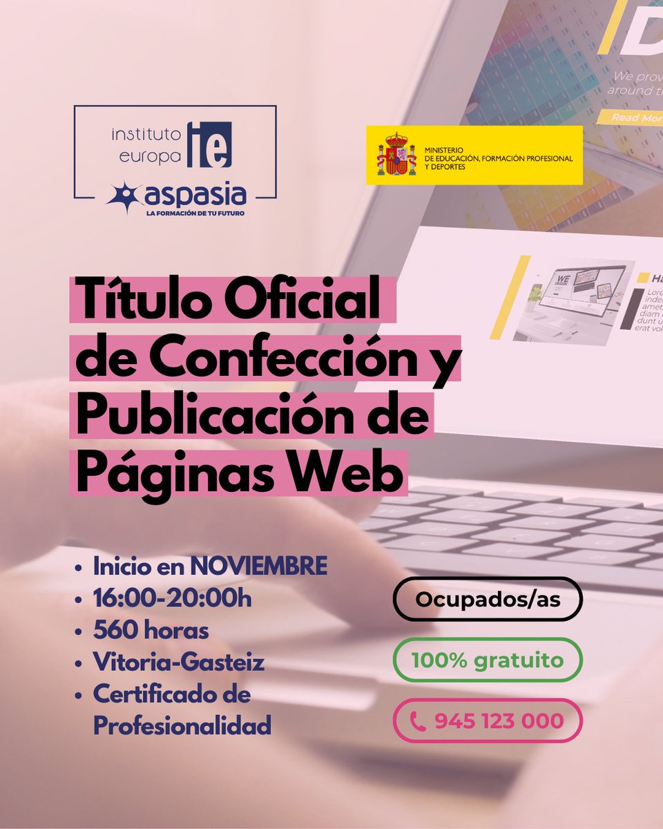 institutoeuropa's tweet image. ¡Obtén tu #TítuloOficial en Confección y Publicación de #PáginasWeb en #VitoriaGasteiz 🌐📄 y da un paso adelante en tu #carreraprofesional!

El próximo mes de #noviembre, arranca nuestro #CertificadoDeProfesionalidad 🎓 #𝐠𝐫𝐚𝐭𝐮𝐢𝐭𝐨 ✔️💻

👉 acortar.link/FxQKJx