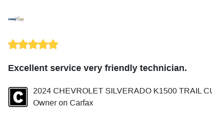 HawkChevyJoliet's tweet image. We just received a great review on Carfax. Thank you 2024 CHEVROLET SILVERADO K1500 TRAIL CUS Owner!