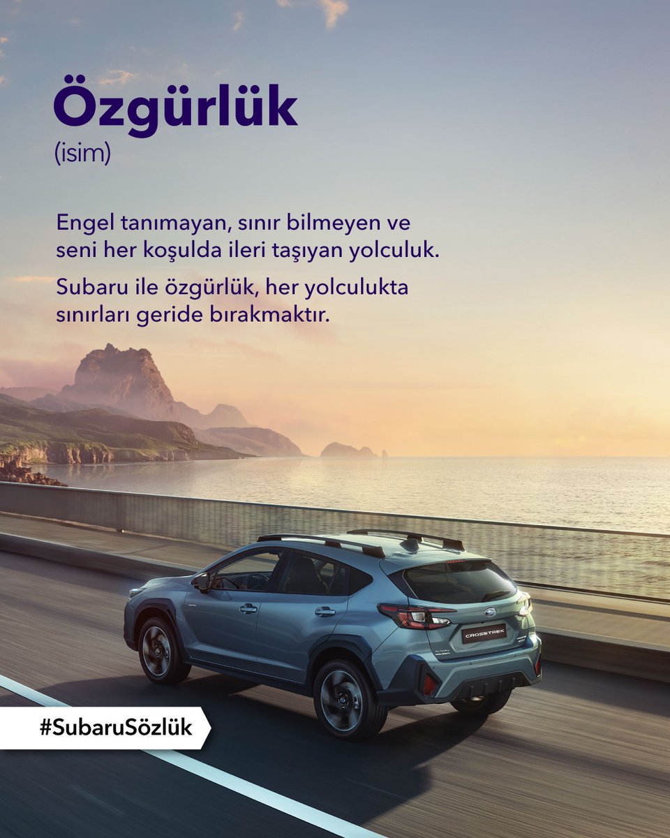 Sizin için özgürlük nedir?
Kimi için engel tanımamak, kimi için sınırların ötesine geçmek… Subaru için özgürlük; her koşulda ileriye yol almak ve yolun keyfini çıkarmaktır.

Çünkü özgürlüğün gerçek anlamını Subaru’yu bilen bilir.

#Subaru #YolDostumSubaru #Crosstrek #BilenBilir