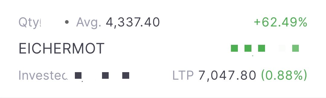 tradingwithps's tweet image. #EICHERMOT
Eicher Motors Ltd

Avg price      4337😎
LTP                 7047🔥

0.8% up today 🚀🚀

Running profit 62%💚💚
#NIFTY50 #SIP #LONGTERM