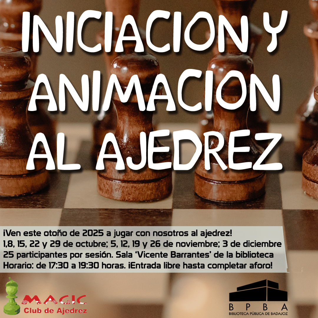 Biblioteca de Badajoz (@bibliobadajoz) on Twitter photo ¡Vuelven los talleres de ajedrez a la biblioteca! Ven a jugar con nosotros los miércoles de octubre, noviembre y el 3 de diciembre a emocionantísimas partidas de ajedrez. El miércoles 1 de octubre a las 17:30h, primera sesión. ¡Entrada libre! + en bibliotecaspublicas.es/badajoz/activi… #Badajoz ¡Vuelven los talleres de ajedrez a la biblioteca! Ven a jugar con nosotros los miércoles de octubre, noviembre y el 3 de diciembre a emocionantísimas partidas de ajedrez. El miércoles 1 de octubre a las 17:30h, primera sesión. ¡Entrada libre! + en bibliotecaspublicas.es/badajoz/activi… #Badajoz