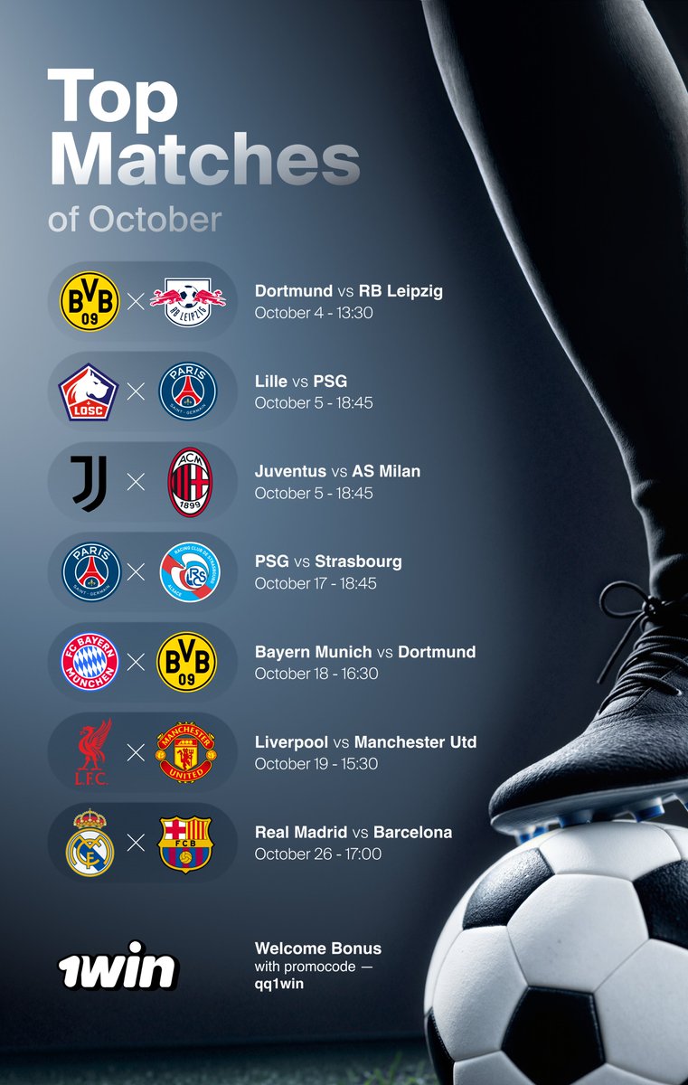 1winPro's tweet photo. Top matches of this October.
This month brings serious heat across Europe's top leagues. We've got El Clásico and many other derbies.
Which fixture are you most looking forward to?
🔗https://t.co/afekouSF4v | #1win | #TopMatches https://t.co/xkexxA6rL8