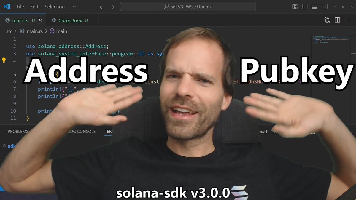 Screenshot from Solana SDK v3.0.0 demonstrating Address and Pubkey in Rust code