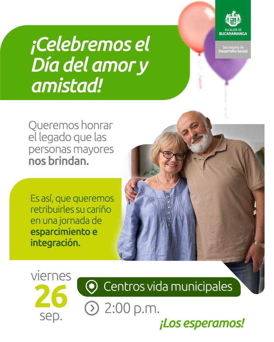 ❤️👵👴 ¡Celebremos el Día del Amor y la Amistad!

Los Centros Vida Municipales invitan con mucho cariño a todas nuestras personas mayores a compartir una jornada especial llena de alegría, sonrisas y buenos recuerdos.

🗓️26 septiembre 
📍Centros Vida municipales
⏰2:00 p.m.