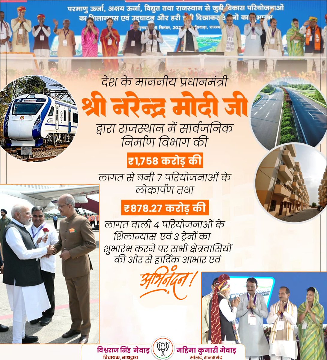 VishvarajSMewar's tweet photo. माननीय प्रधानमंत्री श्री @narendramodi जी द्वारा राजस्थान में सार्वजनिक निर्माण विभाग की ₹1,758 करोड़ की लागत से बनी 7 परियोजनाओं के लोकार्पण तथा ₹878.27 करोड़ की लागत वाली 4 परियोजनाओं के शिलान्यास एवं 3 ट्रेनों का शुभारंभ करने पर सभी क्षेत्रवासियों की ओर से हार्दिक आभार। https://t.co/RmHtRU677R