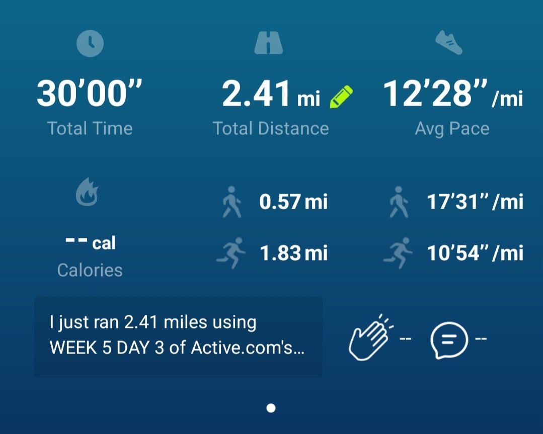 RunPaulDinham's tweet image. 🏆 Week 5 Day 3 of Couch to 5K done! 

20 Minutes non stop running.

Getting stronger every run 💪 #C25K #RunningJourney #5KTraining