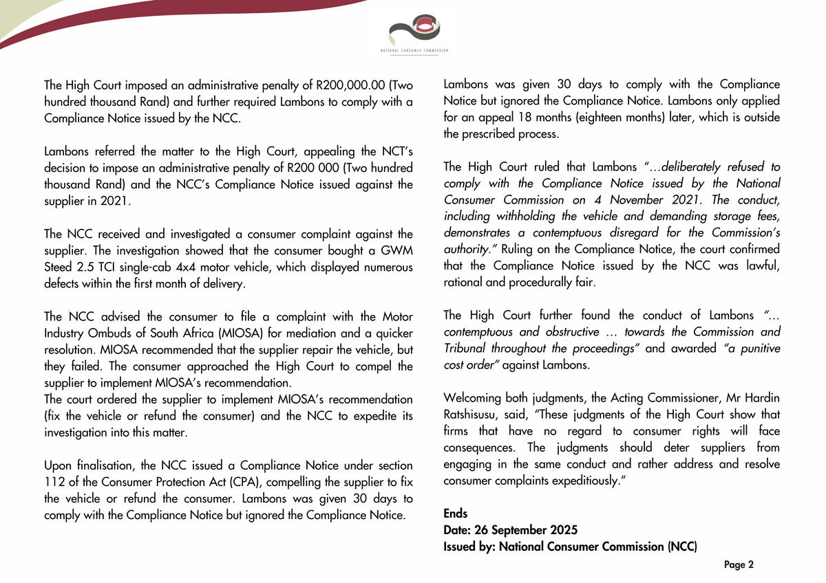 Unsuccessful appeals by Wingfield Motors and Lambons against the ruling of The National Consumer Tribunal.

<a href="/PhethoN/">Ke Phetho_ZA🇿🇦</a> <a href="/the_dtic/">the dtic</a>