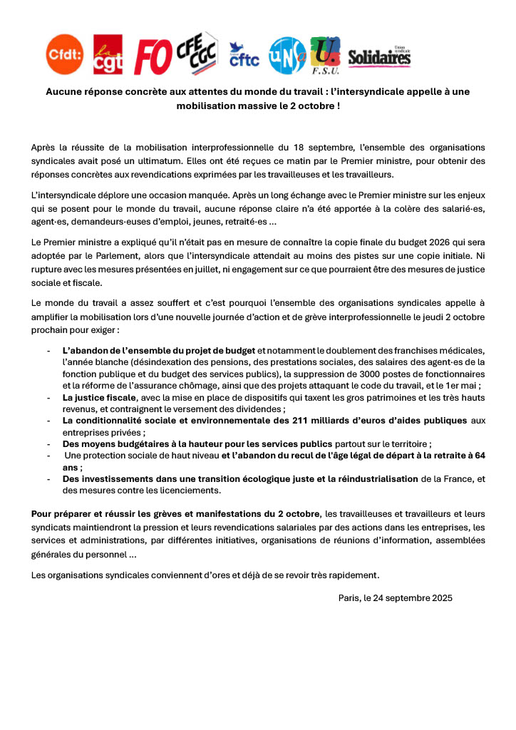 ➡️ Rendez-vous le 2 octobre !

🤜 Pour la justice sociale &amp; fiscale ! 🤛

Communiqué de presse intersyndical (national)