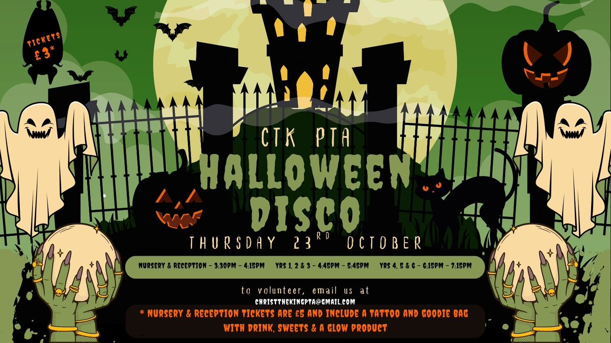 CTKPTACov's tweet photo. 🎃Booking for the CTK PTA Annual Halloween Disco is now open! 

Booking for Nursery &amp; Reception https://t.co/buIJApIENK 
Booking for Years 1-6 https://t.co/Oi9wU1wBMH 

We hope the children can join us and enjoy the spooky vibes!
@CTKPrimaryCov https://t.co/MhmL4Ch56B