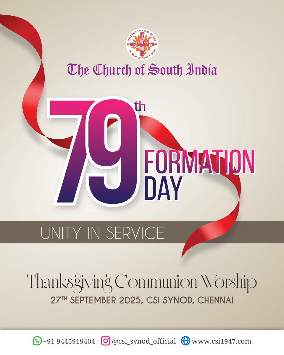 The Church of South India (@csisynod) on Twitter photo CSI 79th Formation Day 
the Officers extend greetings to all dioceses, Bishops, leaders & congregations.
“That they all may be one.” (Jn 17:21)
Thanksgiving Communion Worship & Flag Hoisting
CSI Synod | 27 Sept 2025 |  9:30 AM <a href="/jjebadaniel/">jeba daniel</a> CSI 79th Formation Day 
the Officers extend greetings to all dioceses, Bishops, leaders & congregations.
“That they all may be one.” (Jn 17:21)
Thanksgiving Communion Worship & Flag Hoisting
CSI Synod | 27 Sept 2025 |  9:30 AM <a href="/jjebadaniel/">jeba daniel</a>