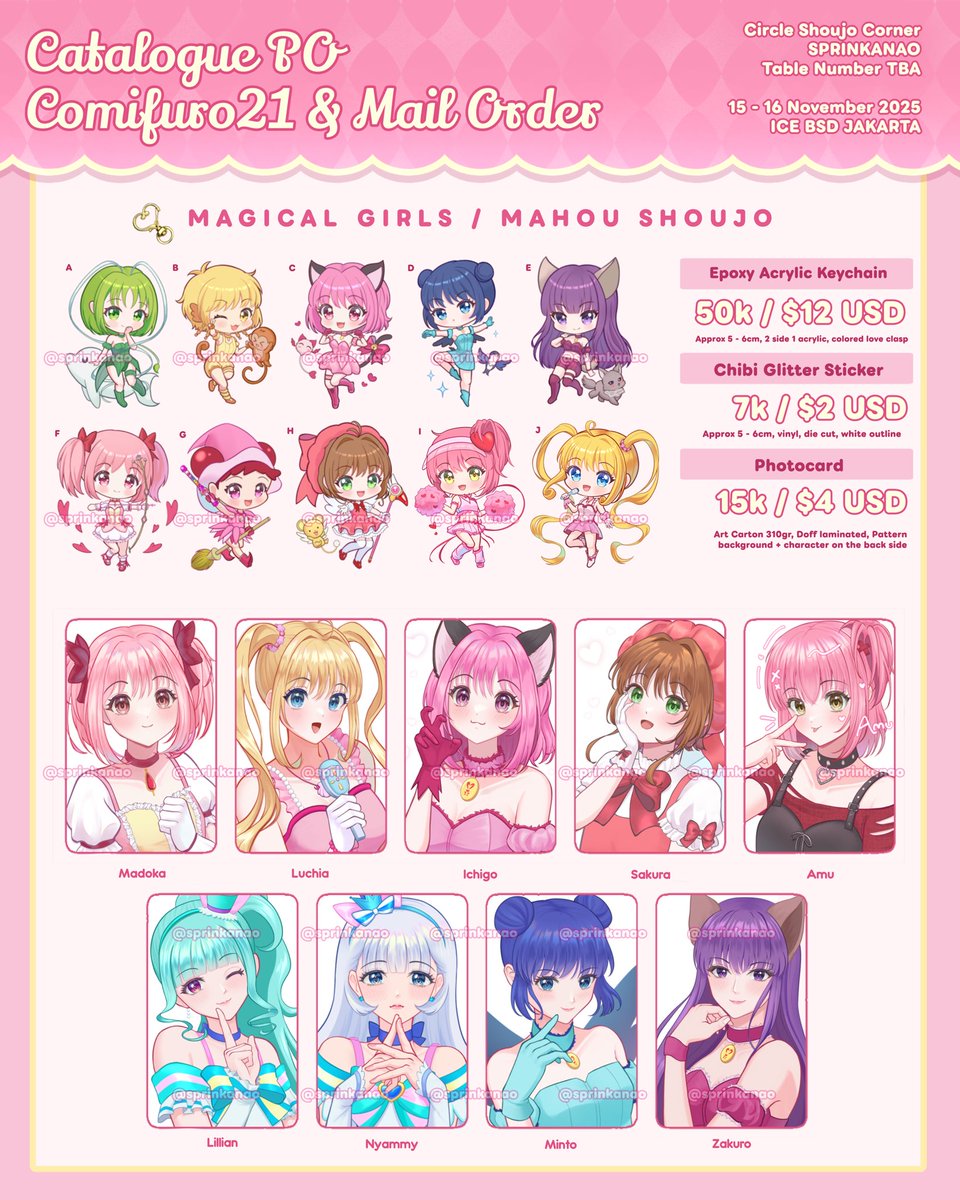 Hello! sprinkanao's #CF21 PO Batch 2 is here!

🛍️ Pick up at CF21 &amp; mail order
🗓 Close on 5 October
🎀 Shoujo / Magical Girls, Tokyo Mew Mew, Precure, Infinity Nikki, Wuthering Waves, KPDH

🔃&amp;💖 are appreciated!
Form link down below
#cf21catalogue (1/8)