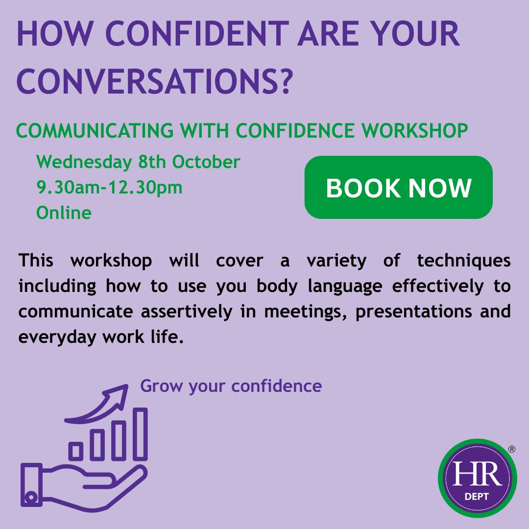 Less than two weeks to go until out Communicating With Confidence Workshop!

Book now to join us online to learn tips and tricks to build your confidence in the workplace.

hrdept.co.uk/south-london/t…

#CommunicatingWithConfidence #ConfidenceAtWork #HRTraining #HRDeptSouthLondon