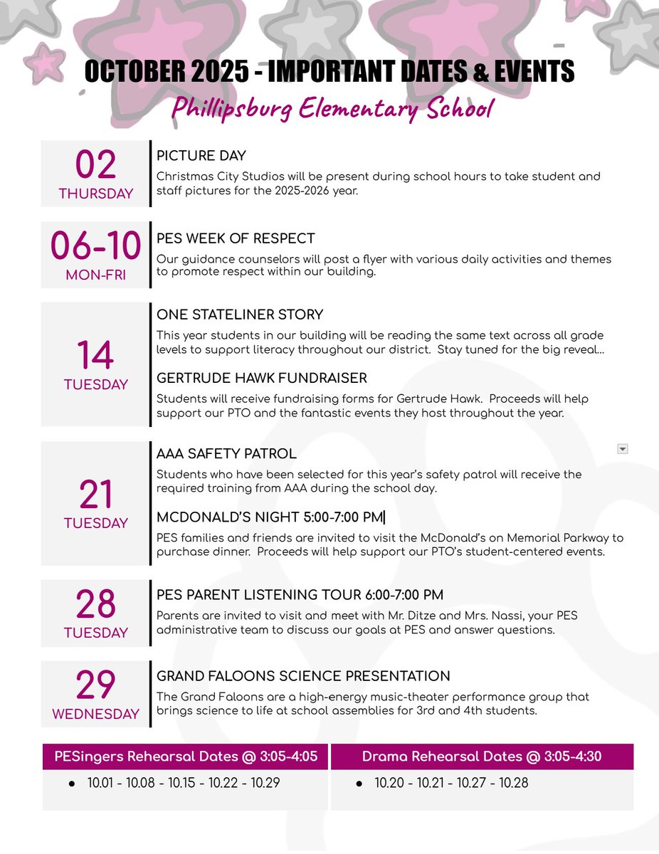 We’re excited for all that October has in store! Please take a moment to review our monthly calendar highlighting our PAWSitively Perfect PES events and other important dates. From special activities to school-wide initiatives, there’s a lot to look forward to this month.