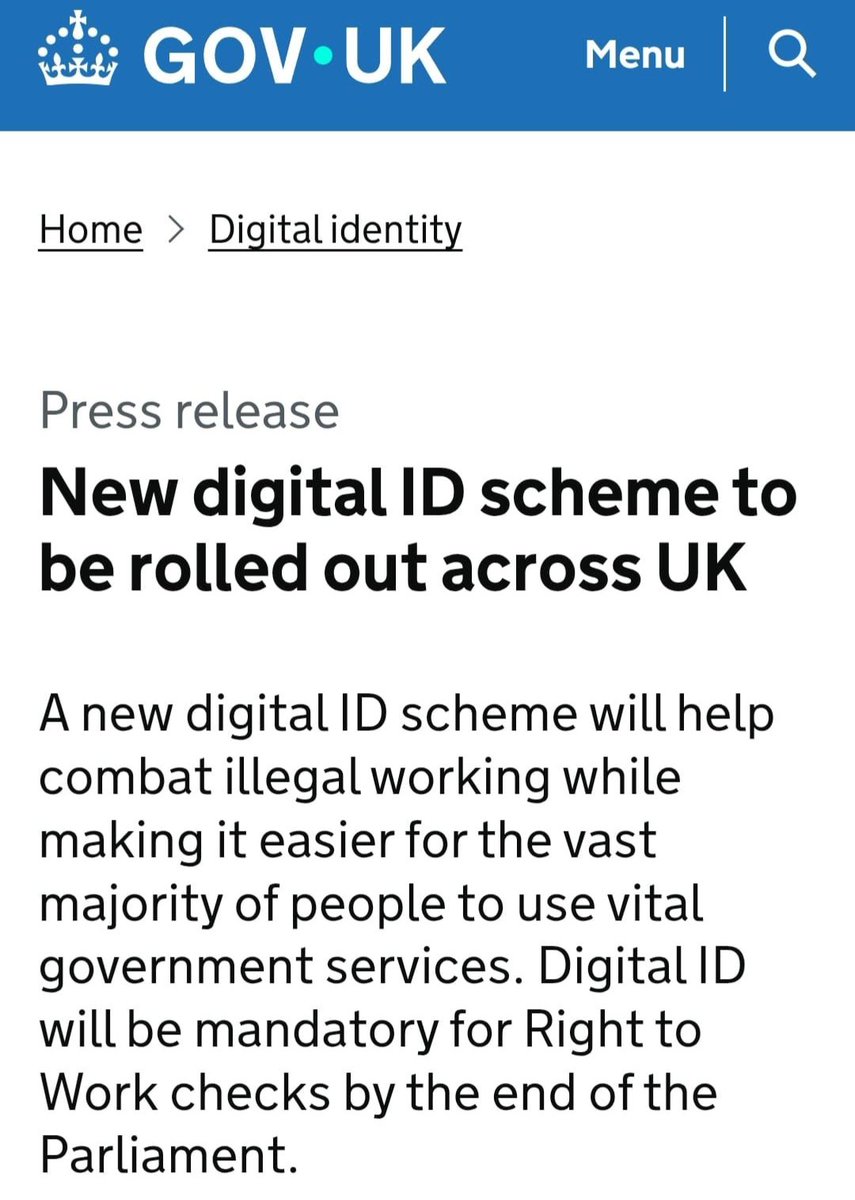 🚨: IT'S OFFICIAL: NEW DIGITAL ID SCHEME TO BE ROLLED OUT ACROSS UK

This is it, the final fight back against top down centralised control.

We the people can stop this with mass non-compliance.

We know this isn't to stop the boats! It's to control us and bring in a social