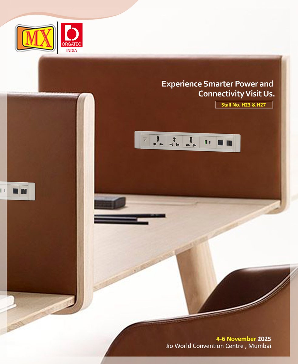 mx_electronics's tweet image. Design meets power. Simplicity meets smart.
Discover our latest power + connectivity solutions at @orgatecindia 2025 Mumbai📍 Booth H23 & H27, Jio World Convention Centre, Mumbai
#ORGATEC2025 #WorkspaceDesign #FutureOfWork #Innovation #PowerDistribution #Connectivity #MX