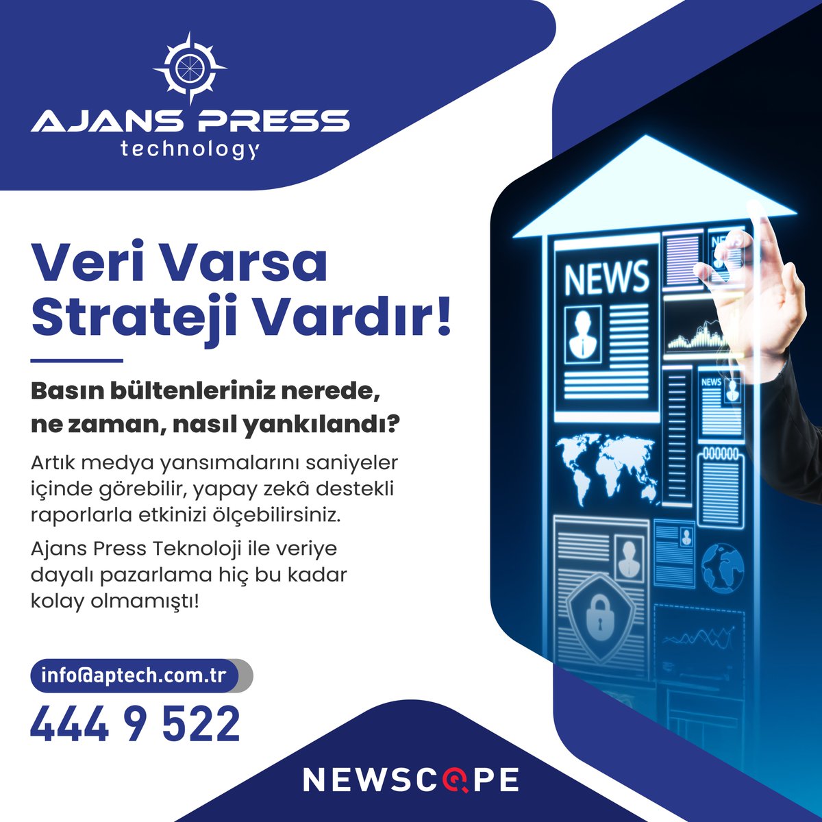 📌 Veri varsa strateji vardır.
Basın bültenlerinizin nerede ve nasıl yankılandığını saniyeler içinde öğrenin.
⚡ Ajans Press Teknoloji ile veriye dayalı raporlama artık çok kolay!
📊 Veriyi analiz et, stratejini güçlendir.
🔖 #Newscope #Analiz #BasınBülteni
