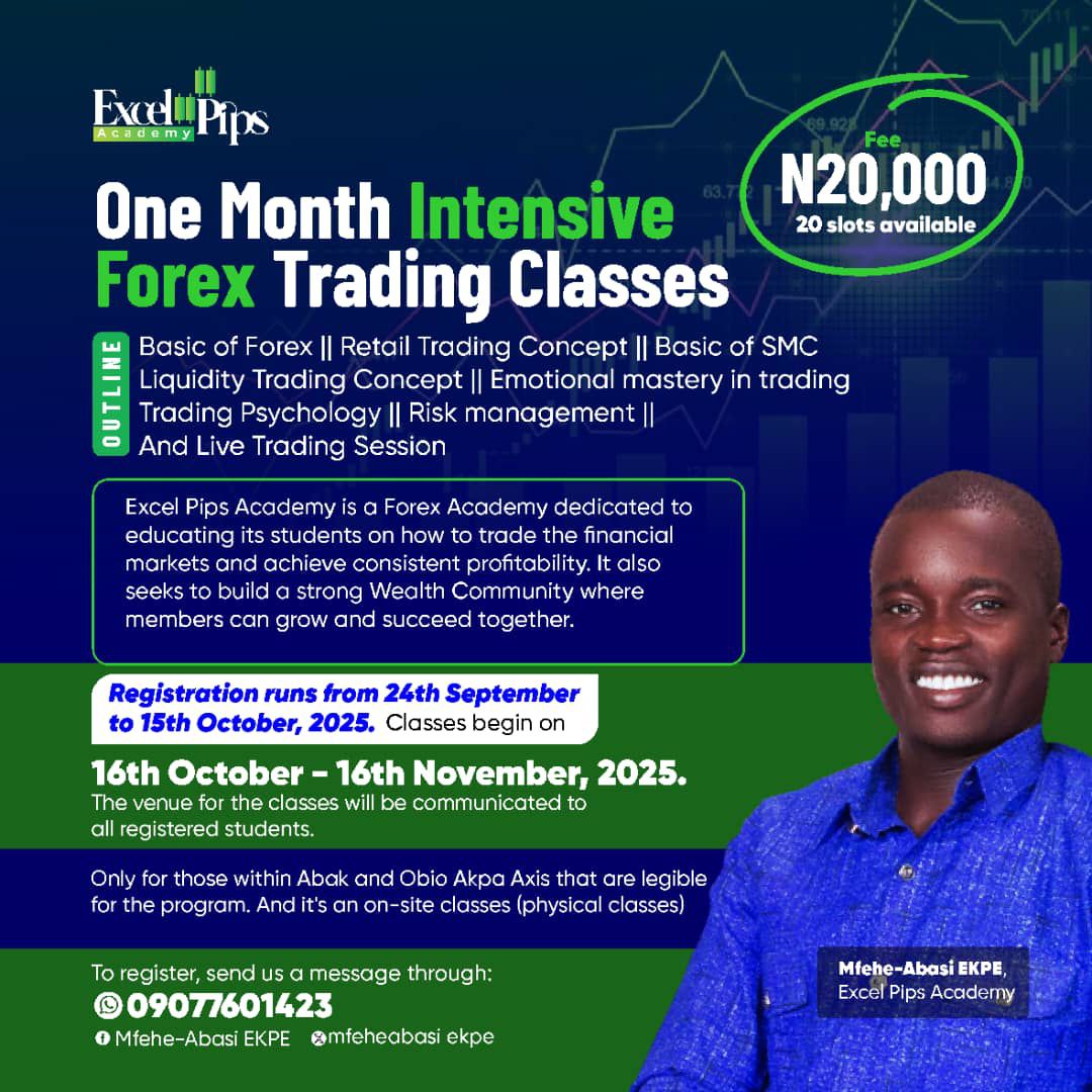 mfeheabasiekpe's tweet image. Take part in this Golden Opportunity!
The CEO of Excel Pips Academy, Mfehe-Abasi EKPE, has decided to enroll only 20 participants in his exclusive Forex Trading Classes.
📌 Registration starts today and ends on the 15th of October.
📌 Program fee: Just ₦20,000.