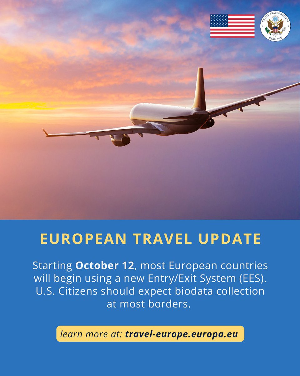 Did you know? Starting October 12, U.S. citizens will need to go through the EU’s new Entry and Exit System (EES) when traveling to 29 European countries. This applies to any visits lasting up to 90 days within a 180-day period. U.S. citizens should expect to have their biodata