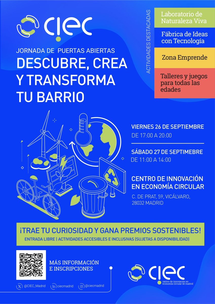🙌 ¡Hoy comienzan nuestras Jornadas de #PuertasAbiertas!
🌍Ven a #CIECMadrid y descubre cómo será el futuro sostenible

🗓️ 26 y 27 de septiembre
📍#CIECMadrid

🔗ciecmadrid.es/actividades/jo…