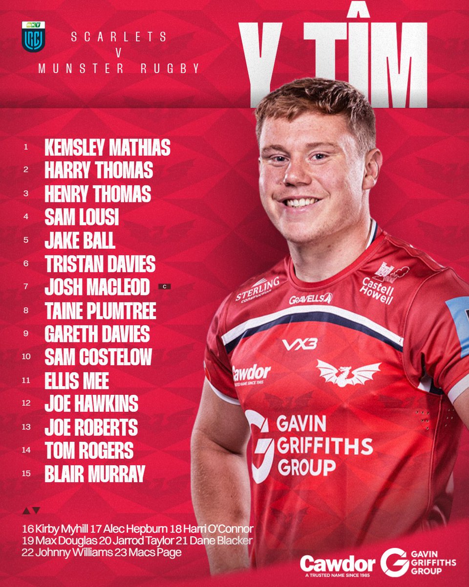 First one back <a href="/URCOfficial/">BKT United Rugby Championship (URC)</a> 🔥

Our team to face <a href="/Munsterrugby/">Munster Rugby</a> on Saturday at Parc y Scarlets (KO 17:30)

🧢 URC debuts for Joe &amp; Tristan
🎟 tickets.scarlets.wales

Cyhoeddi'r tîm i wynebu Munster ar ddydd Sadwrn yn y Parc 🔴

#YmaOHyd #BKTURC