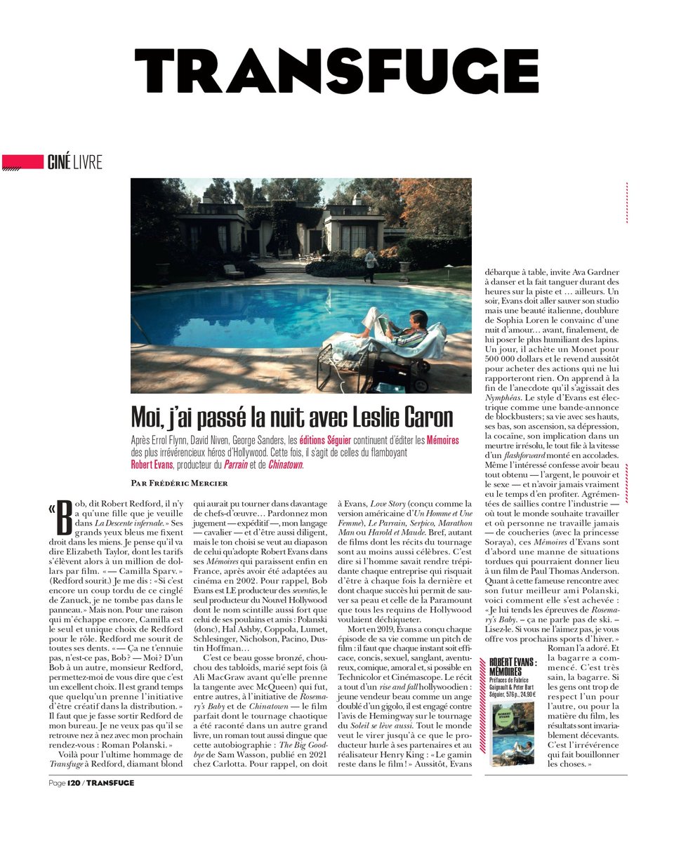 #vendredilecture
"...ces Mémoires d’Evans sont d’abord 1 manne de situations tordues qui pourraient donner lieu 
à 1 film de Paul Thomas Anderson."
<a href="/Transfuge_mag/">Transfuge magazine</a> 

𝗝 - 7️⃣avt la sortie des 𝗠𝗲́𝗺𝗼𝗶𝗿𝗲𝘀 de 𝗥𝗼𝗯𝗲𝗿𝘁 𝗘𝘃𝗮𝗻𝘀, LE + flamboyant  des producteurs de cinéma