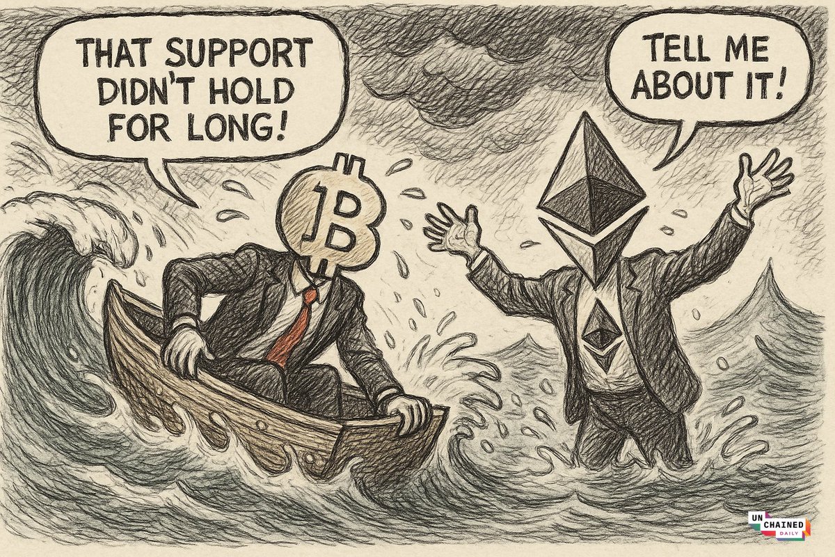 폭풍우치는 바다에서 허우적대는 비트코인과 이더리움을 그린 만화 밈(비트코인: '그 지지선은 오래가지 못했어!'/이더리움: '그 얘긴 하지 마!')
