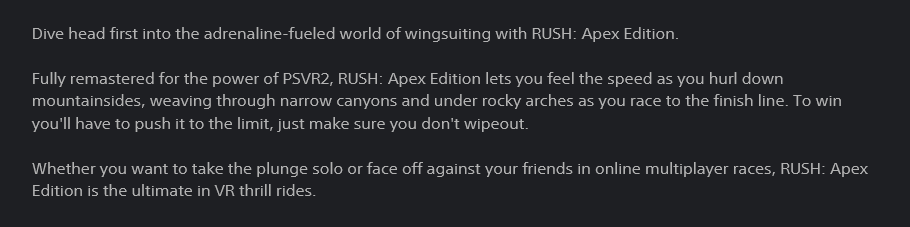 RoccoVR4Player's tweet photo. **NEW #PSVR2 GAMES**

𝐑𝐔𝐒𝐇: 𝐀𝐩𝐞𝐱 𝐄𝐝𝐢𝐭𝐢𝐨𝐧 from @TheBinaryMill 

The adrenaline-pumping world of wingsuit flying is BACK on Playstation VR2 and is coming on November 6th 2025

Wishlist➡️https://t.co/OrrN62Nt5q https://t.co/sI9UohfGSc