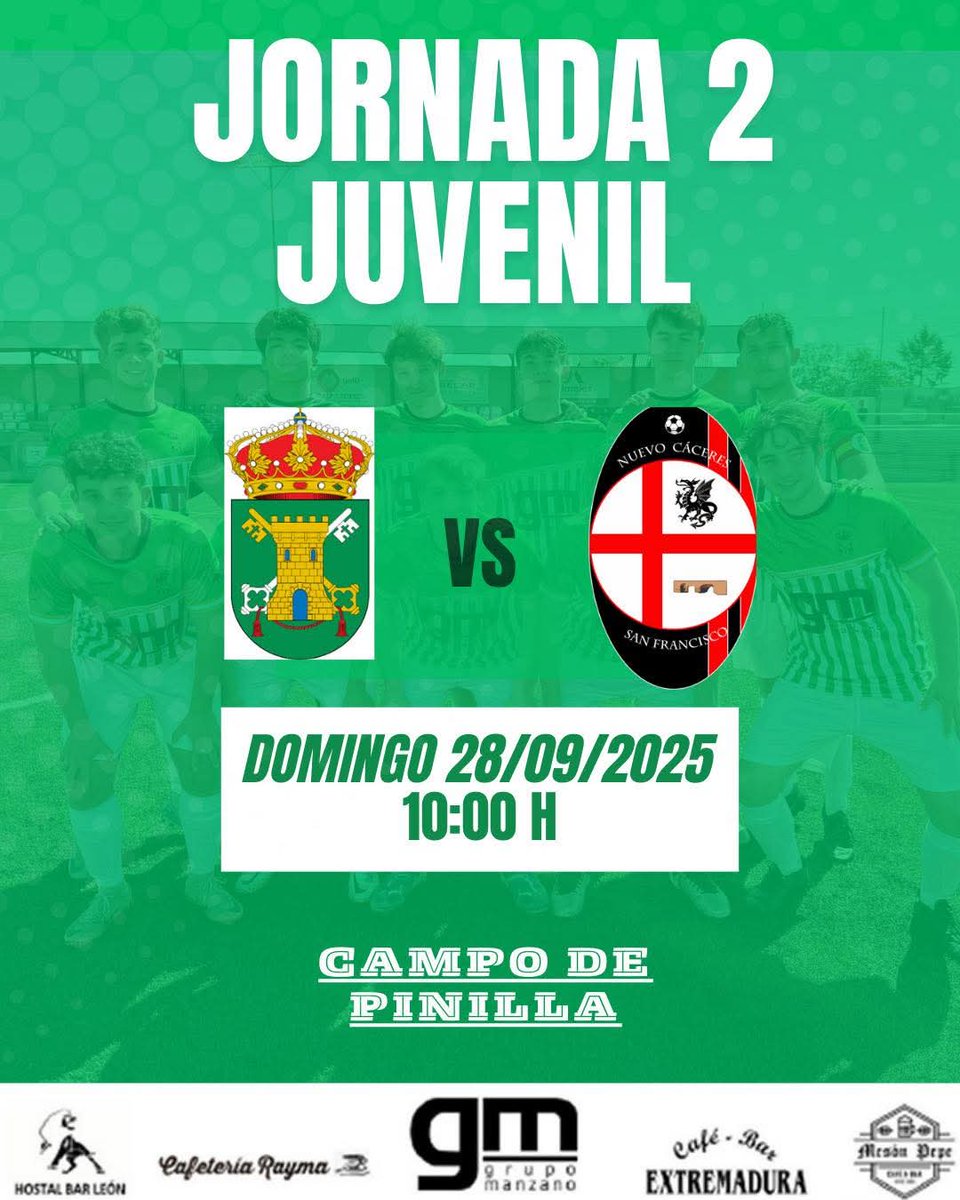 ⚽️⚠️ LIGA JUVENIL⚠️⚽️

🏆 2ª DIVISIÓN EXTREMEÑA
➡️ 2ª JORNADA DE LIGA
🆚 CD. NUEVO CC-SANFRANCISCO
📅 DOMINGO 28/09/2025
⏰ 10:00 H
🏟 CAMPO DE PINILLA CÁCERES 

#123Torreorgaz
💚🤍💚🤍💚