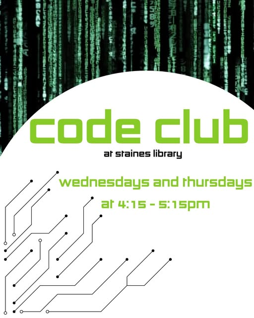 Please be aware that the Public Computers at Staines Library will be unavailable from 4pm onwards today due to Code Club.